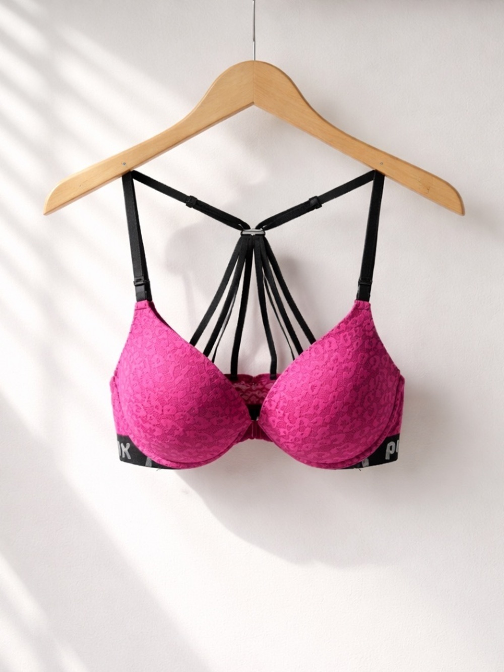 PINK Victoria's Secret Fuchsia and Black Strappy Bra | 32B | Push Up
